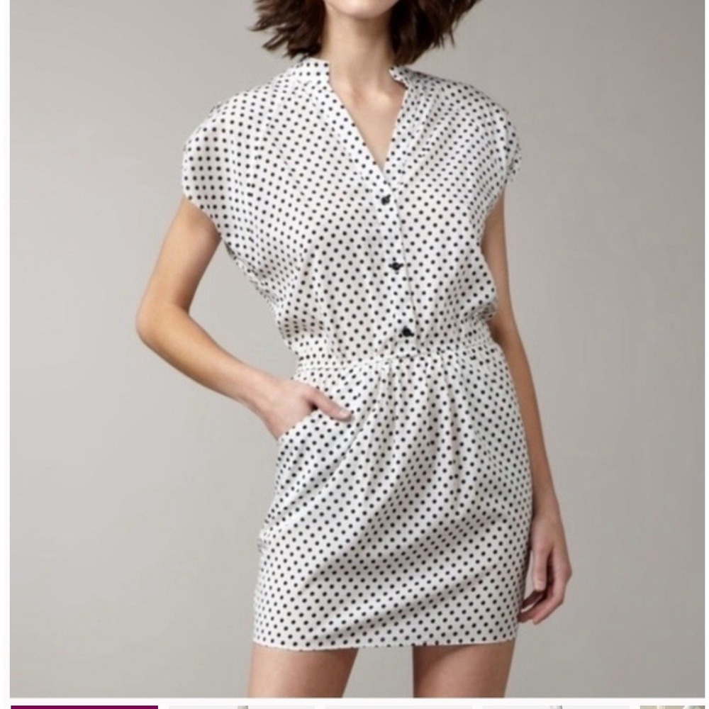 Alice + Olivia Dress XS White Silk‎ Black Polka Dot Blouson Mock Roll Tab Shirt